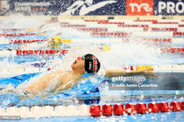 Harrison Lierz competes in the men's 100m backstroke prelims at the 2018 TYR Pro Series on July 8, 2018 in Columbus, Ohio.