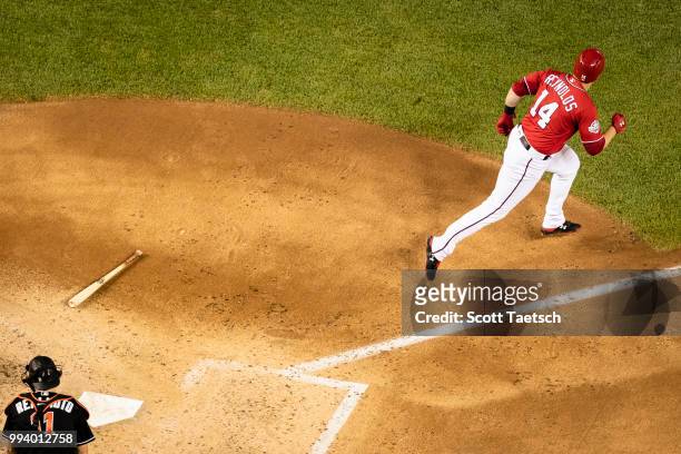 Mark Reynolds of the Washington Nationals hits a two run single against the Miami Marlins during the fifth inning at Nationals Park on July 07, 2018...