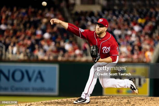 Shawn Kelley of the Washington Nationals pitches against the Miami Marlins during the eighth inning at Nationals Park on July 07, 2018 in Washington,...