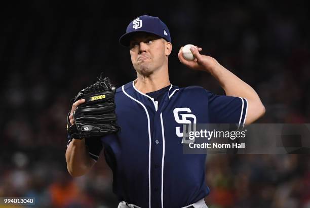 Clayton Richard of the San Diego Padres delivers a first inning pitch against the Arizona Diamondbacks at Chase Field on July 8, 2018 in Phoenix,...