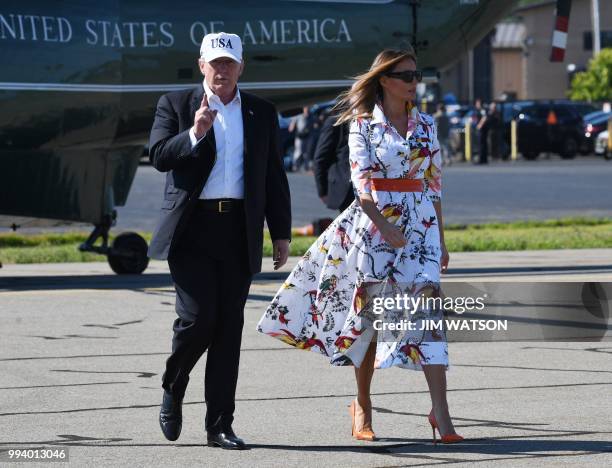 President Donald Trump and First Lady Melania Trump arrive at Morristown Municipal Airport in Morristown, New Jersey, July 8, 2018 prior to boarding...