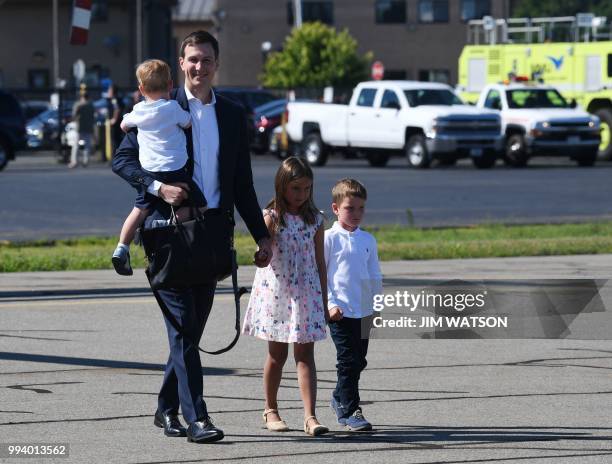 White House advisor Jared Kushner, the son-in-law of US President Donald Trump, arrives at Morristown Municipal Airport with his children in...