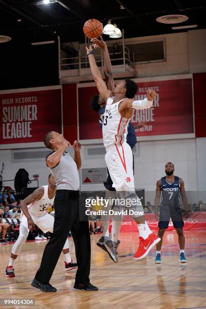 Malcolm Miller reaches for the tip-off during the game against the Minnesota Timberwolves on July 8, 2018 at the Cox Pavilion in Las Vegas, Nevada....