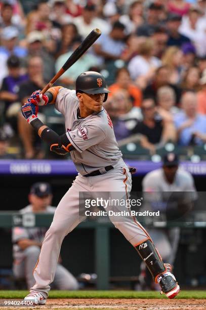 Gorkys Hernandez of the San Francisco Giants bats against the Colorado Rockies during a game at Coors Field on July 2, 2018 in Denver, Colorado.
