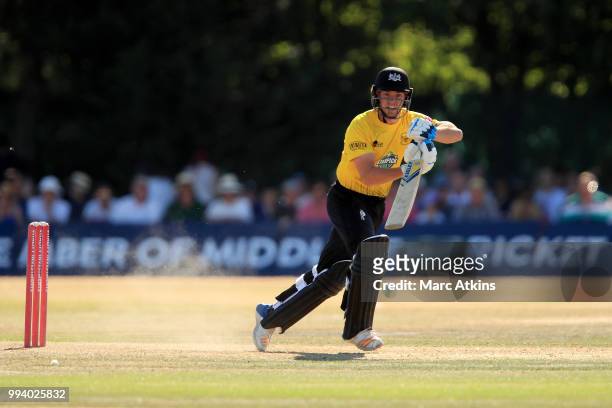 Ryan Higgins of Gloucestershire bats during the Vitality Blast match between Middlesex and Gloucestershire at Uxbridge Sports Club on July 8, 2018 in...