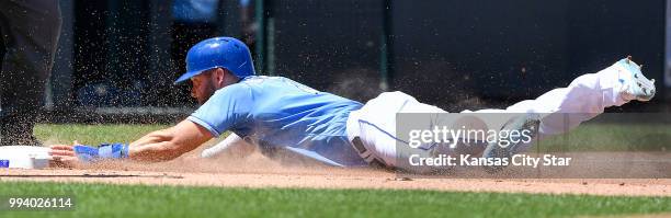 Kansas City Royals' Alex Gordon advances to third on a wild pitch in the fourth inning during Sunday's baseball game against the Boston Red Sox on...