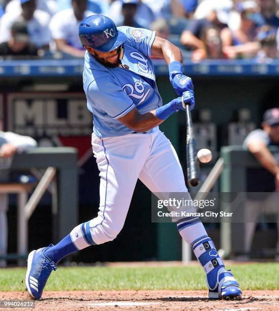 Kansas City Royals' Jorge Bonifacio connects on a two run double in the third inning to score Drew Butera and Whit Merrifield during Sunday's...