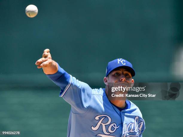 Kansas City Royals starting pitcher Heath Fillmyer throws during Sunday's baseball game against the Boston Red Sox on July 8 at Kauffman Stadium in...