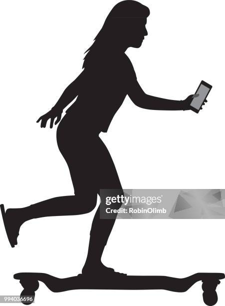 girl with smart phone riding skateboard - robinolimb stock illustrations
