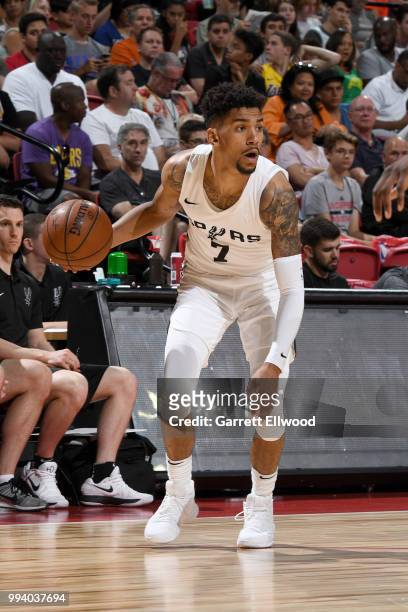 Olivier Hanlan of the San Antonio Spurs handles the ball against the Washington Wizards during the 2018 Las Vegas Summer League on July 8, 2018 at...