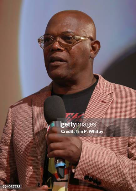 Samuel L Jackson speaks on stage ahead of the screening for UK Premiere of Disney-Pixar's "Incredibles 2" at BFI Southbank on July 8, 2018 in London,...