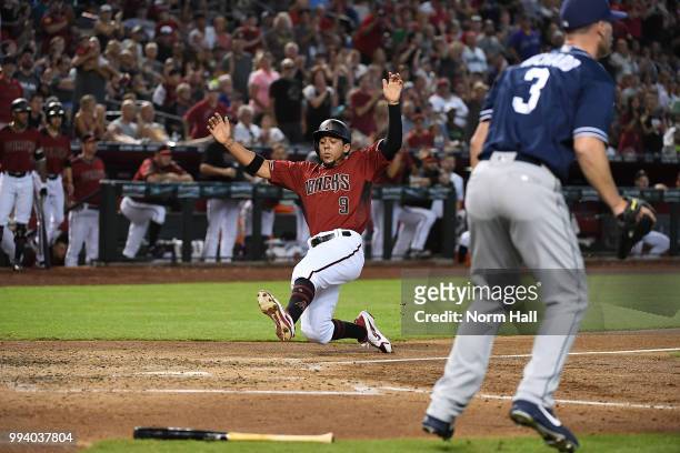 Jon Jay of the Arizona Diamondbacks scores on a single by AJ Pollock during the third inning against the San Diego Padres at Chase Field on July 8,...