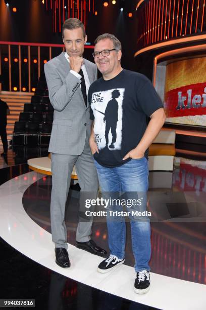 German presenter Kai Pflaume and german presenter Elton during the 'Klein Gegen Gross' TV Show on July 8, 2018 in Berlin, Germany.