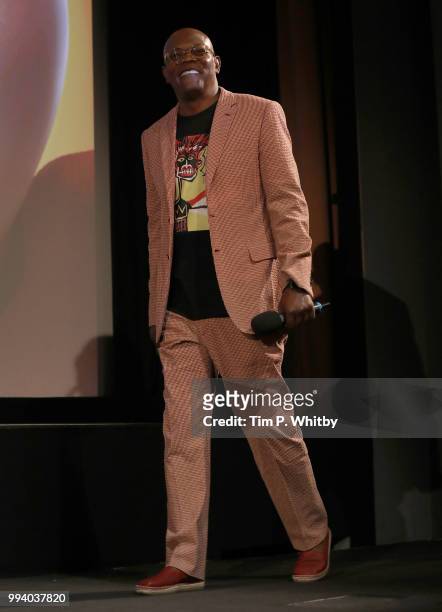 Samuel L Jackson speaks on stage ahead of the screening for UK Premiere of Disney-Pixar's "Incredibles 2" at BFI Southbank on July 8, 2018 in London,...