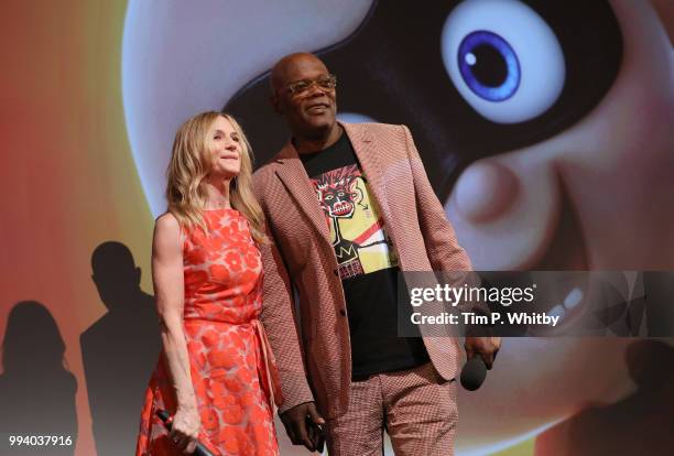 Holly Hunter and Samuel L Jackson speaks on stage ahead of the screening for UK Premiere of Disney-Pixar's "Incredibles 2" at BFI Southbank on July...