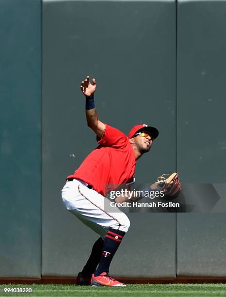 Eddie Rosario of the Minnesota Twins makes a catch in left field of the ball hit by Joey Rickard of the Baltimore Orioles during the ninth inning of...