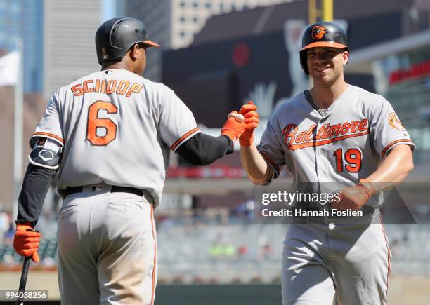 Jonathan Schoop of the Baltimore Orioles congratulates teammate Chris Davis on a solo home run against the Minnesota Twins during the ninth inning of...