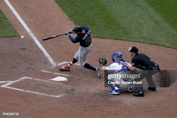 Nick Markakis of the Atlanta Braves grounds out in the sixth inning against the Milwaukee Brewers at Miller Park on July 8, 2018 in Milwaukee,...