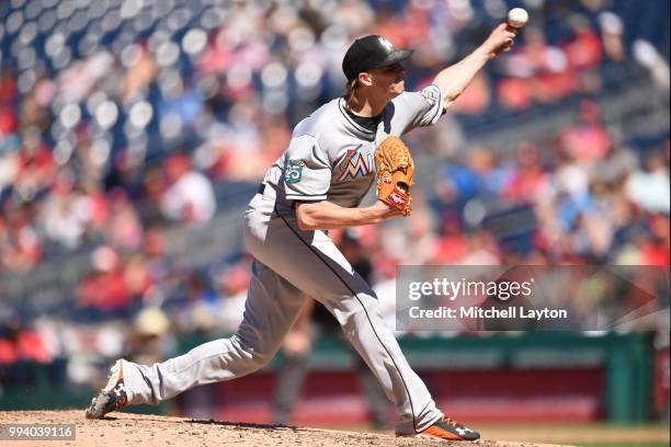 Adam Conley of the Miami Marlins pitches in the fifth inning during a baseball game against the Washington Nationals at Nationals Park on July 8,...