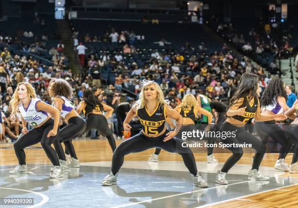 The BIG3 Dancers perform during half-time of game 4 in week three of the BIG3 3-on-3 basketball league on Friday, July 6, 2018 at the Oracle Arena in...