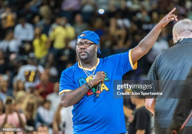 An entertainer from Dope ERA performs before game 3 in week three of the BIG3 3-on-3 basketball league on Friday, July 6, 2018 at the Oracle Arena in...