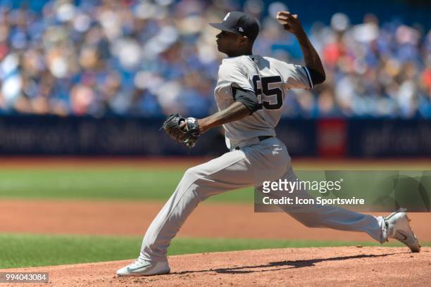 New York Yankees Pitcher Domingo German pitches during the MLB game between the New York Yankees and the Toronto Blue Jays on July 08, 2018 at Rogers...