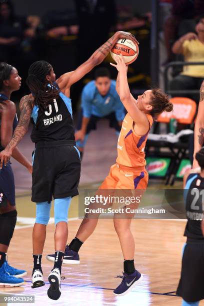 Jessica Breland of the Atlanta Dream blocks against Leilani Mitchell of the Phoenix Mercury on July 8, 2018 at McCamish Pavilion in Atlanta, Georgia....