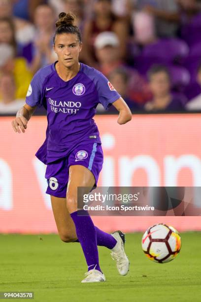 Orlando Pride defender Carson Pickett kicks the ball during the soccer match between the Orlando Pride and the Washington Spirit on July 7, 2018 at...