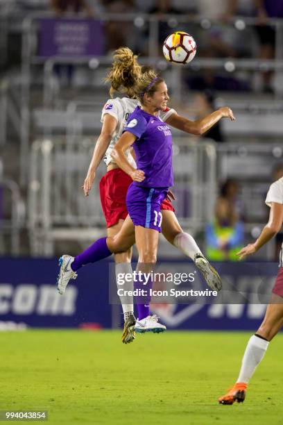 Orlando Pride midfielder Dani Weatherholt goes up for a goal during the soccer match between the Orlando Pride and the Washington Spirit on July 7,...