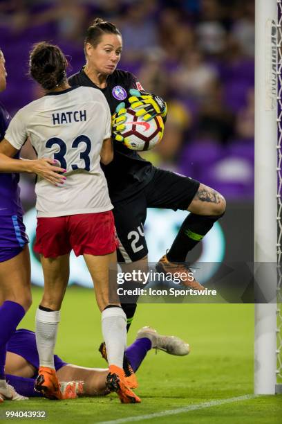 Orlando Pride goalkeeper Ashlyn Harris saves a shot on goal during the soccer match between the Orlando Pride and the Washington Spirit on July 7,...