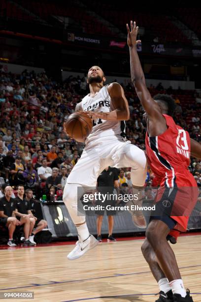 Trey McKinney-Jones of the San Antonio Spurs goes to the basket against the Washington Wizards during the 2018 Las Vegas Summer League on July 8,...