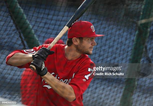 Trea Turner of the Washington Nationals in action before a game against the Philadelphia Phillies at Citizens Bank Park on June 29, 2018 in...