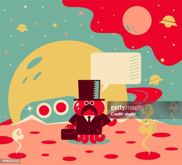 bizarre alien businessman in suit with briefcase and top hat going on a space trip (standing on a new planet) - planetary science stock illustrations