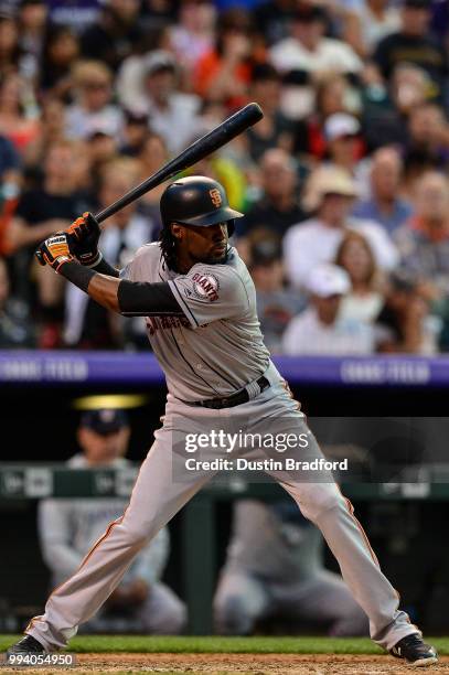Alen Hanson of the San Francisco Giants bats against the Colorado Rockies at Coors Field on July 4, 2018 in Denver, Colorado.