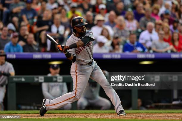 Alen Hanson of the San Francisco Giants bats against the Colorado Rockies at Coors Field on July 4, 2018 in Denver, Colorado.