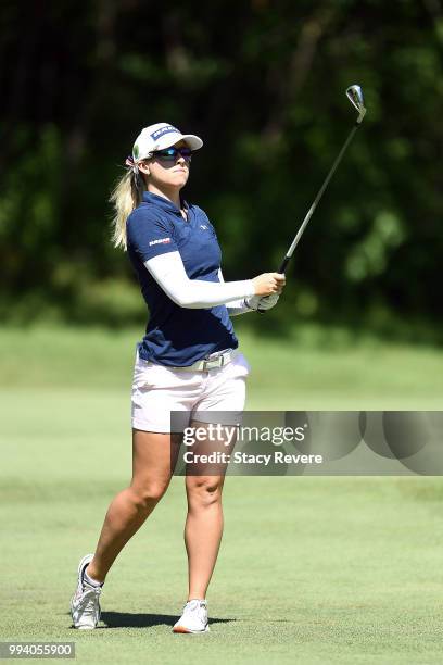 Jodi Ewart Shadoff of England hits her approach shot on the first hole during the final round of the Thornberry Creek LPGA Classic at Thornberry...