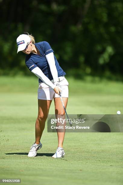 Jodi Ewart Shadoff of England hits her approach shot on the first hole during the final round of the Thornberry Creek LPGA Classic at Thornberry...