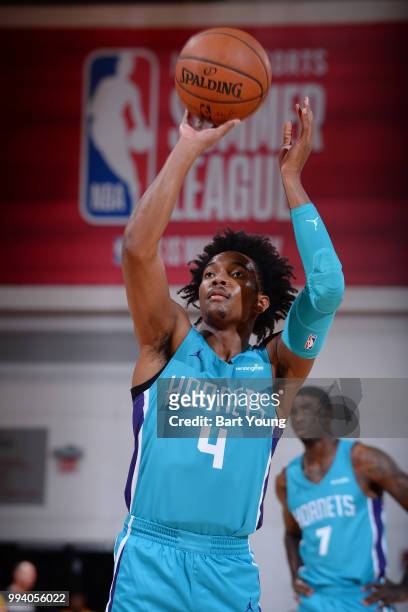 Marcus Paige of the Charlotte Hornets shoots a free throw during the game against the Miami Heat on July 8, 2018 at the Cox Pavilion in Las Vegas,...