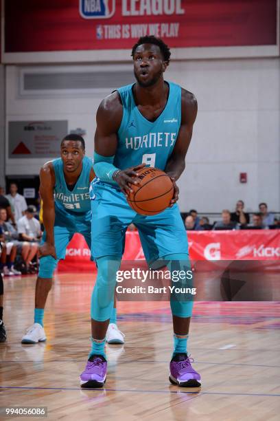 Mangok Mathiang of the Charlotte Hornets shoots a free throw during the game against the Miami Heat on July 8, 2018 at the Cox Pavilion in Las Vegas,...