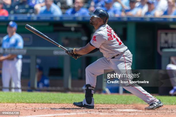 Boston Red Sox center fielder Jackie Bradley Jr. At bat during the MLB game against the Kansas City Royals on July 08, 2018 at Kauffman Stadium in...