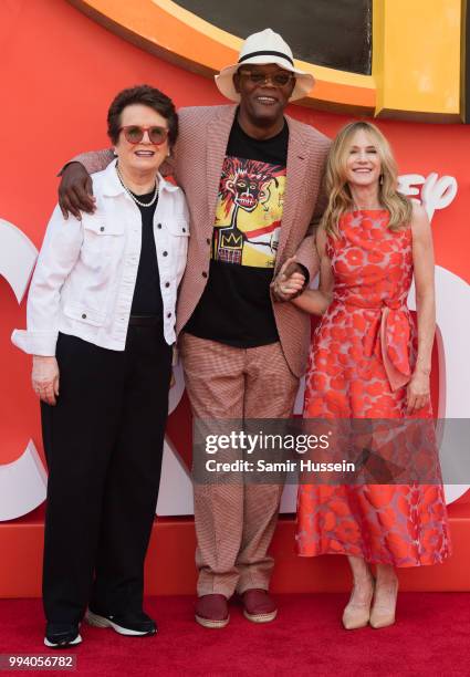 Billie Jean King, Samuel L Jackson and Holly Hunter attend the 'Incredibles 2' UK premiere at BFI Southbank on July 8, 2018 in London, England.