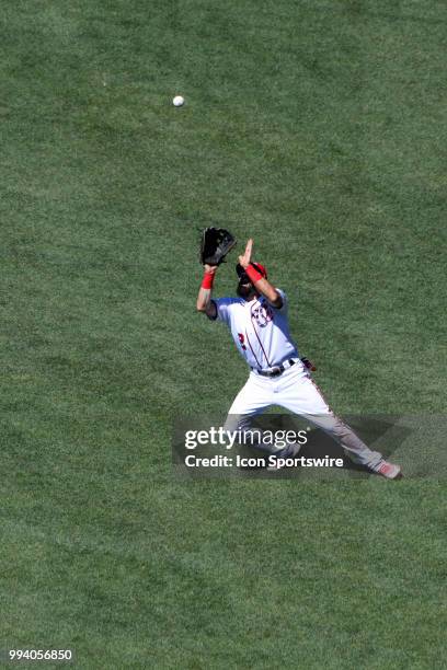 Washington Nationals right fielder Adam Eaton fields a fly ball in the fifth inning during the game between the Miami Marlins and the Washington...