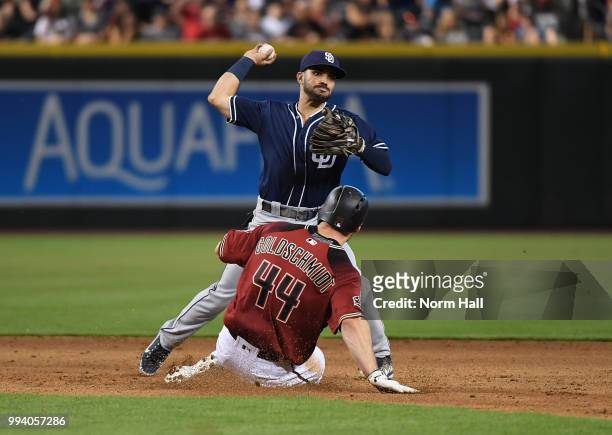 Carlos Asuaje of the San Diego Padres attempts to turn a double play as Paul Goldschmidt of the Arizona Diamondbacks slides into second base during...