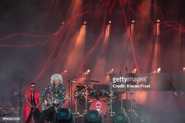 Adam Lambert, Brian May and Roger Taylor; of Queen perform at Marlay Park on July 8, 2018 in Dublin, Ireland.