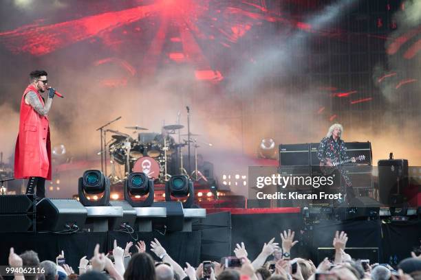 Adam Lambert, Roger Taylor and Brian May of Queen perform at Marlay Park on July 8, 2018 in Dublin, Ireland.