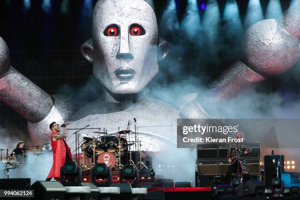 Adam Lambert, Roger Taylor and Brian May of Queen perform at Marlay Park on July 8, 2018 in Dublin, Ireland.