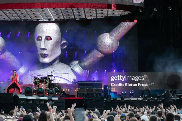 Adam Lambert, Roger Taylor and Brian May of Queen perform at Marlay Park on July 8, 2018 in Dublin, Ireland.