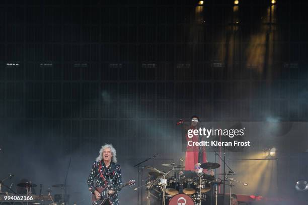 Brian May, Adam Lambert and Roger Taylor of Queen perform at Marlay Park on July 8, 2018 in Dublin, Ireland.