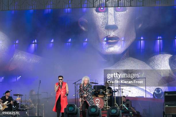 Adam Lambert, Brian May and Roger Taylor of Queen perform at Marlay Park on July 8, 2018 in Dublin, Ireland.