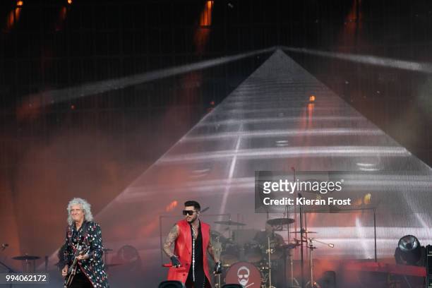 Brian May, Adam Lambert and Roger Taylor of Queen perform at Marlay Park on July 8, 2018 in Dublin, Ireland.